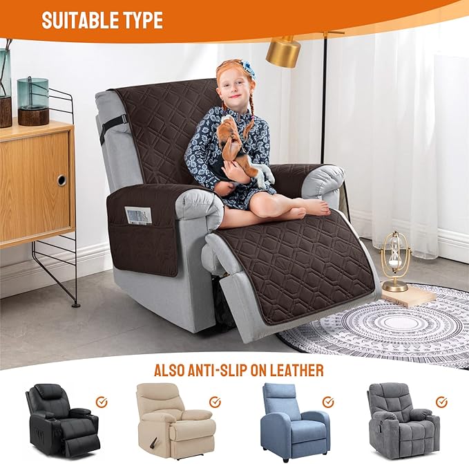 VANSOFY 100% Waterproof Recliner Chair Covers, Recliner Cover Non-Slip Dog Chair Cover Furniture Protector Washable Slipcover with Pocket, Elastic Straps for Pets, Dogs(Chocolate, 20")