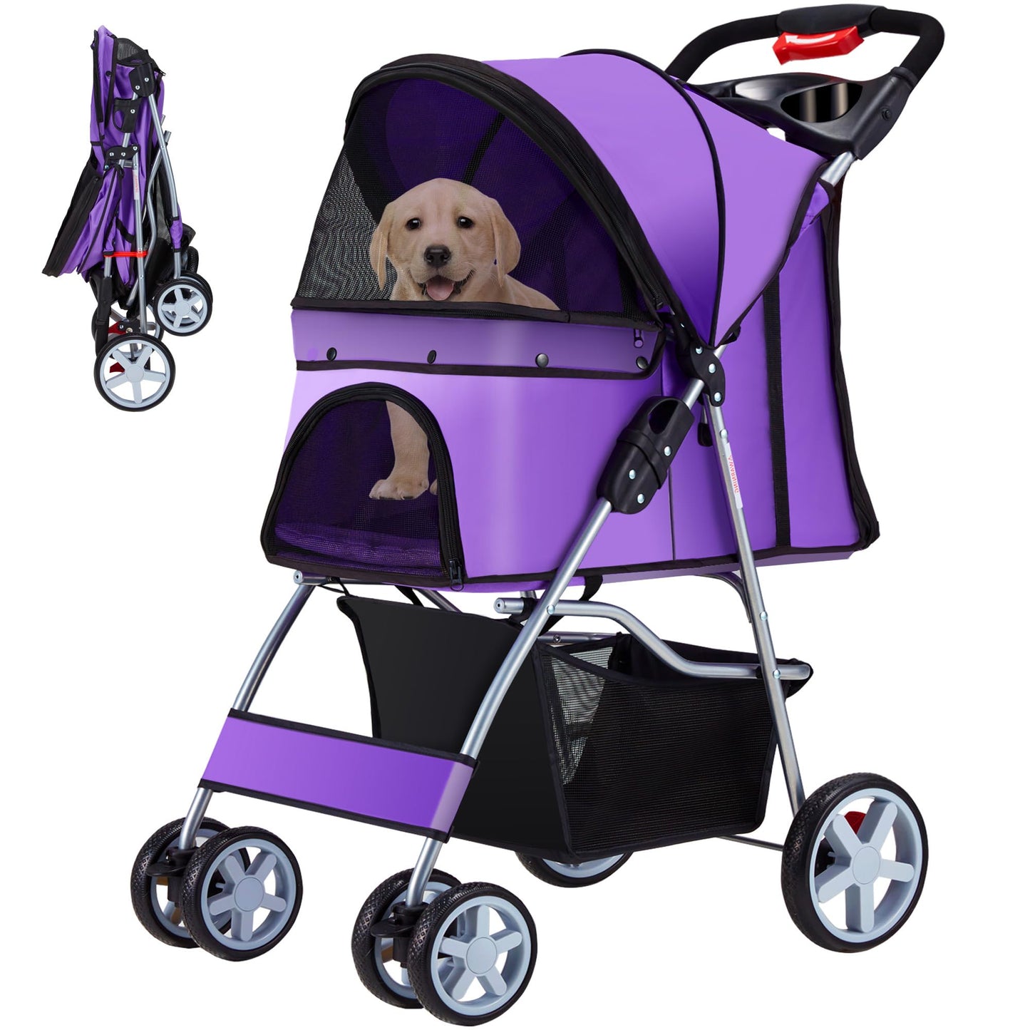 Azaeahom Pet Stroller, 4 Wheels Pet Strolling Cart for Medium/Small Dogs and Cats, Foldable Cat Jogger/Dog Stroller with Cup Holder, Storage Basket, Breathable Mesh, All-Season Pet Carrier, Purple