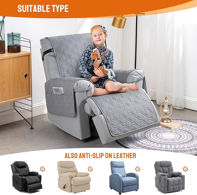VANSOFY 100% Waterproof Recliner Chair Covers, Recliner Cover Non-Slip Dog Chair Cover Furniture Protector Washable Slipcover with Pocket, Elastic Straps for Pets, Dogs(Light Gray, 28")