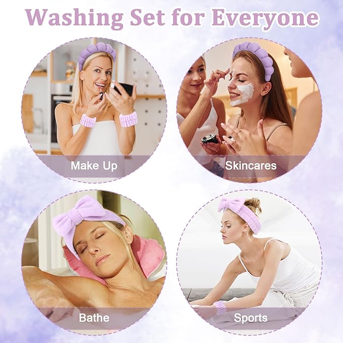 Puffy Terry Cloth Headbands & Wristbands - Sponge Makeup Removal Set for Skincare Routine and Shower