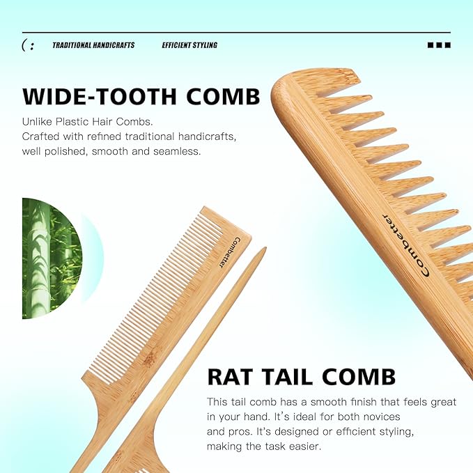 Combeter Bamboo Hair Brush and Comb Set (4PCS) Ã¢ÂÂ Natural & Eco-Friendly Detangler Comb for Women, Men & Kid, Reduces Frizz, Promotes Healthy Hair Growth Ã¢ÂÂ Wooden Paddle Brush with Scalp Massage