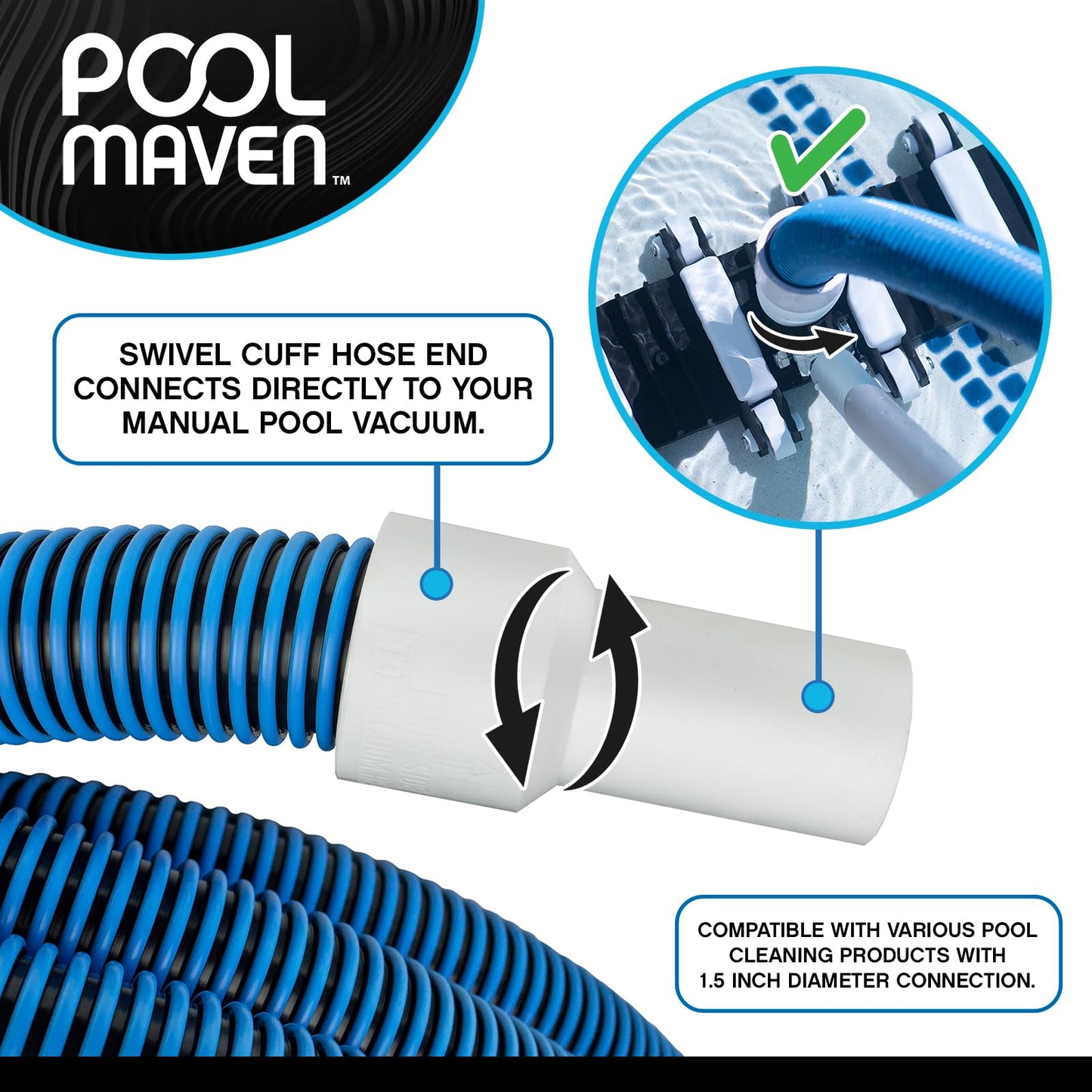 POOLMAVEN Heavy-Duty Manual Pool Vacuum Hose, 50 Ft x 1-1/2”, Kink-Free Swivel Cuff, Professional Grade Spiral-Wound Design, UV & Chemical Resistant for Inground & Above Ground Pools, Made in USA