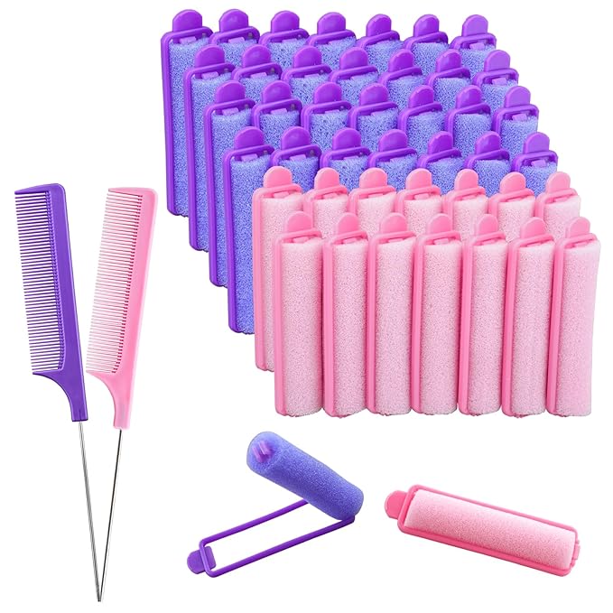 44 Pcs Foam Sponge Hair Rollers Set 0.59 Inch Flexible Hair Styling Sponge Curler Soft Sleeping Hair Curlers and Stainless Steel Rat Tail Comb Pintail for Hairdressing Styling(Purple, Pink)