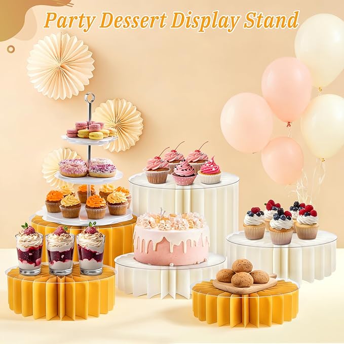 6Pcs Buffet Risers, Food Risers for Table, Foldable Cake Display Stands, Tall Cardboard Cupcakes Stand for Show Catering Desserts Jewelry Wedding Birthday Party Decoration (Yellow White)