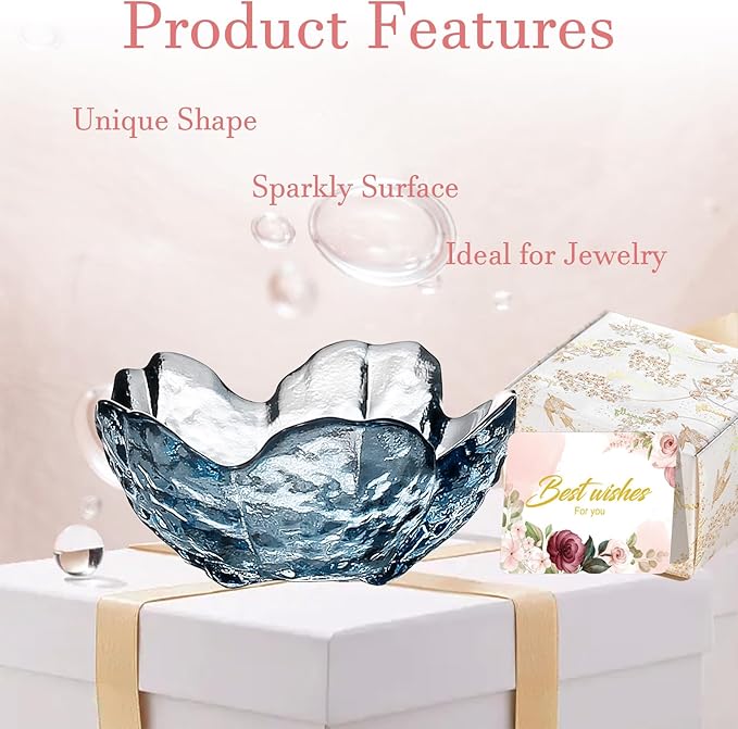 Blue Flower Glass Ring Dish Jewelry Tray Ring Holder Dish Cute Room Decor Vanity Organizer for Nightstand or Bathroom Aesthetic Trinket Dish Gift for Wife Mom Daughter