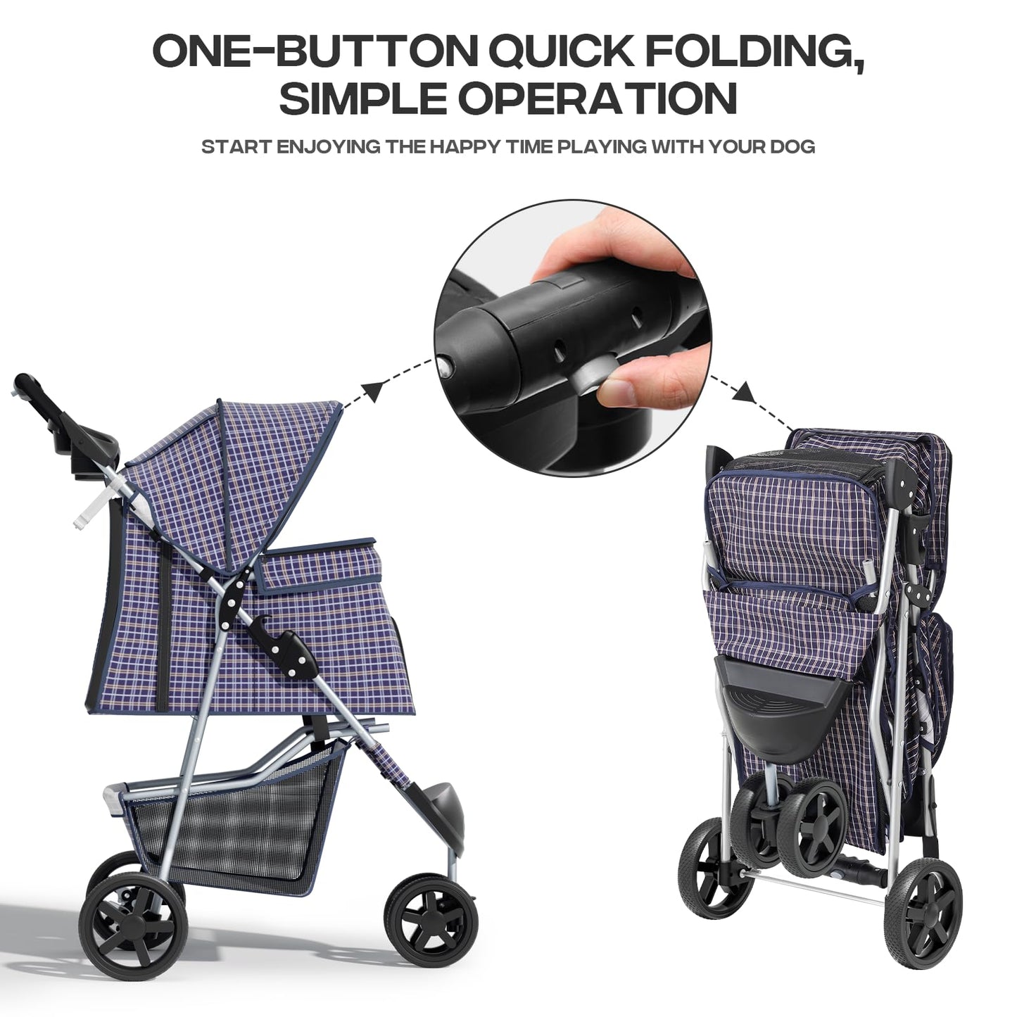 Pet Stroller for Small Dogs 10 lbs, Dog Stroller for Medium Dogs 30 lbs, Cat Strollers for 2 Cats, 3 Wheels Foldable Jogger Puppy Stroller with Storage Basket and Cup Holder, Plaid