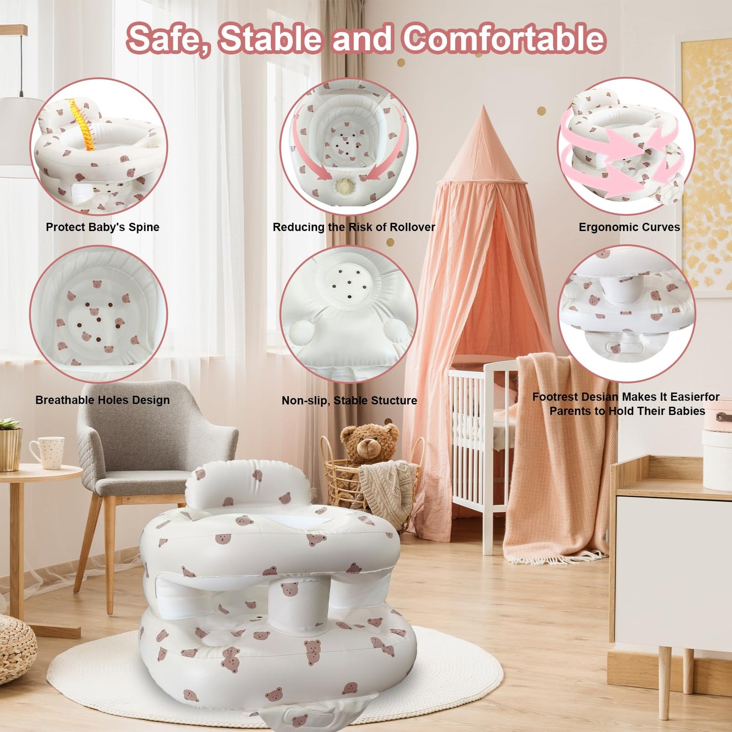 Inflatable Baby Seat for Babies 3-36 Months, Baby Chair with Fence & Built in Air Pump, Blow Up Floor Baby Seat with Back Support, Inflatable Baby Chair Sit Me Up for Home, Travel (Bear)