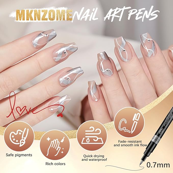 Nail Art Pens, Nail Polish Pens Set Nail Chrome Eraser Pen Drawing Painting Point Liner Pens With Eraser Pen, Waterproof and Quick-drying Nail for DIY Nails Art Design