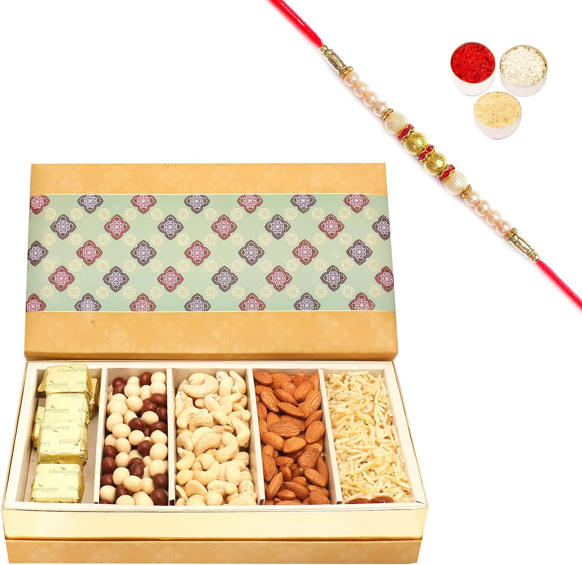 Ghasitaram Gifts Rakhi Gifts for Brothers Rakhi Dryfruit Hampers - 5 Part Print Almonds, Cashews, Nutties,Namkeen and Chocolate Box with Pearl Rakhi