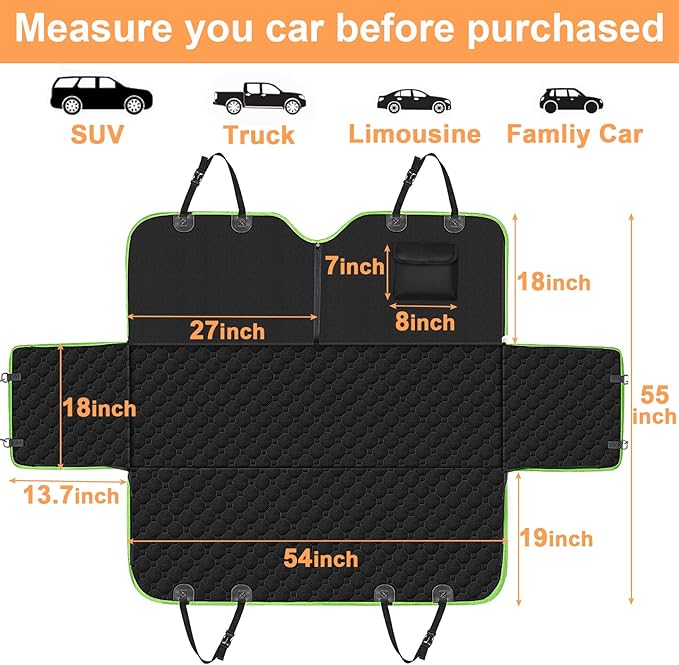 Mancro Dog Car Seat Cover, 2025 Upgraded 600D Heavy Duty Waterproof & Scratch-Resistant Dog Hammock for Car, Back Seat Pet Cover for Dogs with Sedan, Trucks and SUVs, Standard, Green
