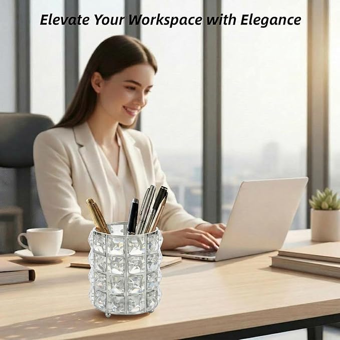 YAGELI Crystal Pen Holder for Desk, 3.58" Gold/Silver Pencil Cup, Elegant Office Desk Accessories for Women, Modern Home Office Decor, Teacher Gift - Compact Vanity Makeup Brush Organizer(Silver)