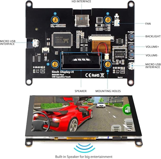 ELECROW 5 Inch Touch Screen Monitor LCD Display, 800×480 Mini Touchscreen HDMI-Compatible & USB Powered with Speakers for Raspberry Pi 5/4/4B/3/3B, BB Black, Banana Pi, Windows 10/8/7, Game Console