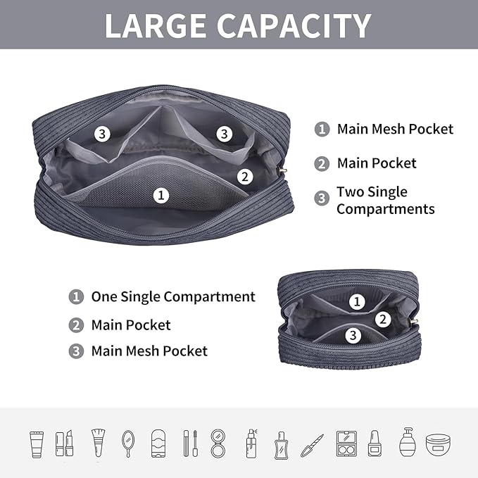 MAGEFY Small Makeup Bag for Purse Mini Cosmetics Bag Corduroy Cute Cosmetic Pouch for Women with Slip-in Pockets