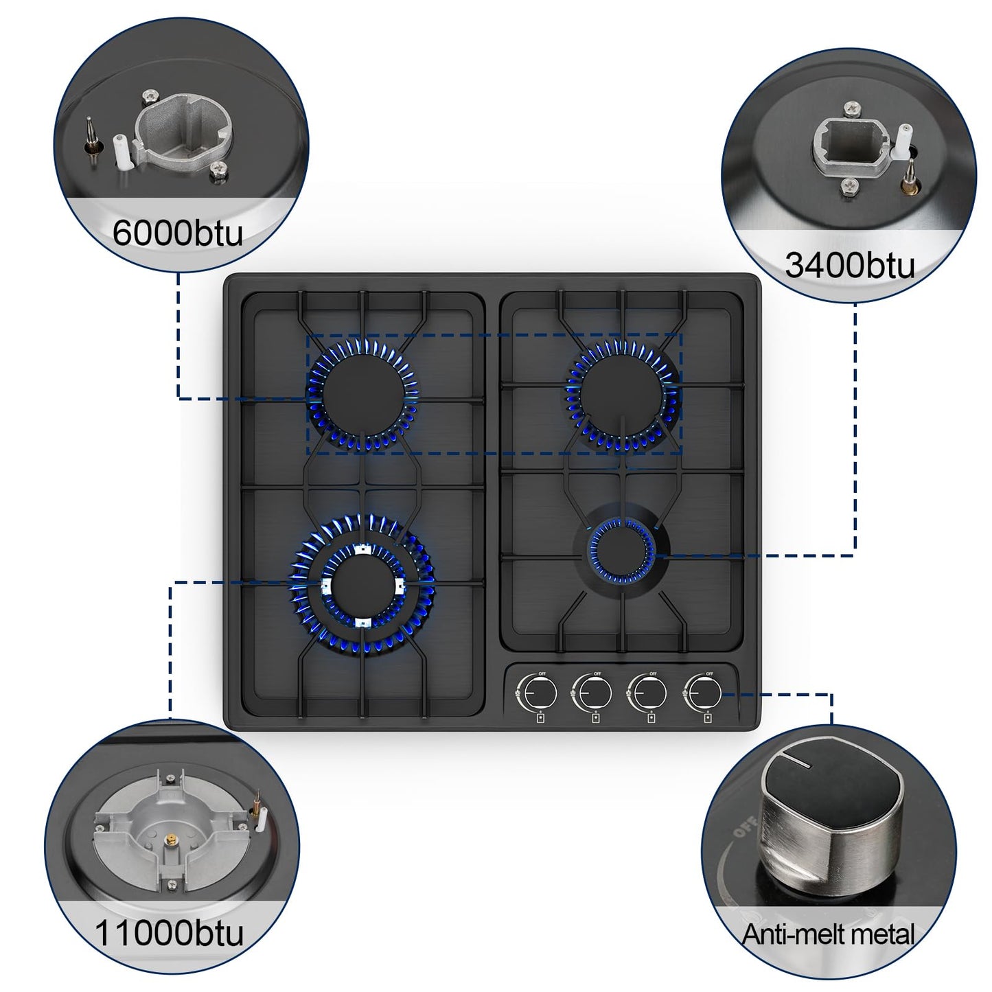 FVBADE 24inch 4 Burners Gas Cooktop Stainless Steel Built-in Gas Stove with NG/LPG Convertible Dual Fuel with Thermocouple Protection for Kitchen，Outdoor, Camping, RV