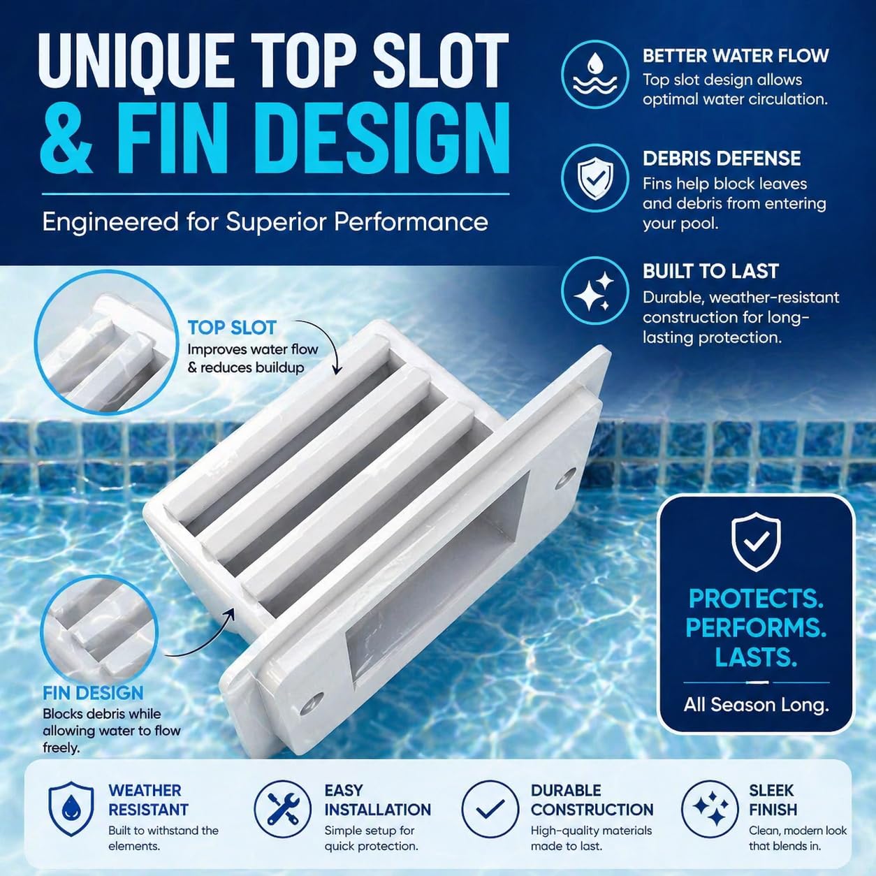 The Skimmie Splash Guard - Reduce Water Loss with Splash Guard for Swimming Pools - Easy to Install and Durable Replacement for Pool Overflow Drain Covers (Gray)