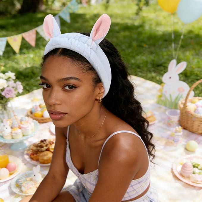 YISSION Cute Bunny Ear Spa Headband and Wristband Set for Women and Girls - Soft Plush Makeup Headband with Wrist Towels for Face Washing, Skincare, Shower, Easter Party Favors (White & Blue)