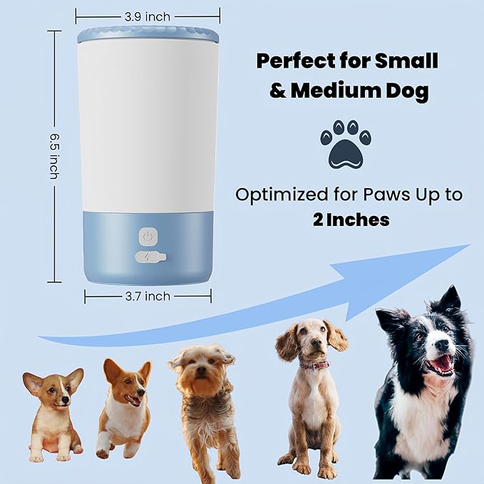 Lervynxi-Dog Paw Cleaner, Portable Automatic Pet Paw Washer - One Touch Start, ABS Body, Detachable Silicone Brush, USB Rechargeable, for Small & Medium Dogs, Clean Paws, White Glacier Blue