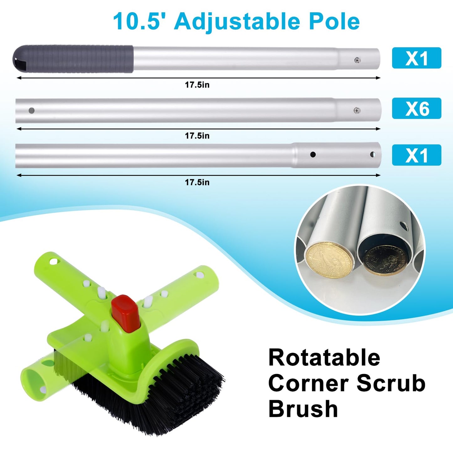 Sepetrel Deluxe Swimming Pool Cleaning Kit Including Professional Leaf Skimmer Net, 17.5" Pool Brush Head,Scrub Brush and 10.5 FT Pole