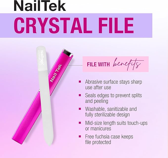 Nail Tek Crystal File - Glass Nail File with Case, Durable and Gentle for Healthy Nails and Cuticles - Travel-Friendly Design, Fuchsia, Medium 5"