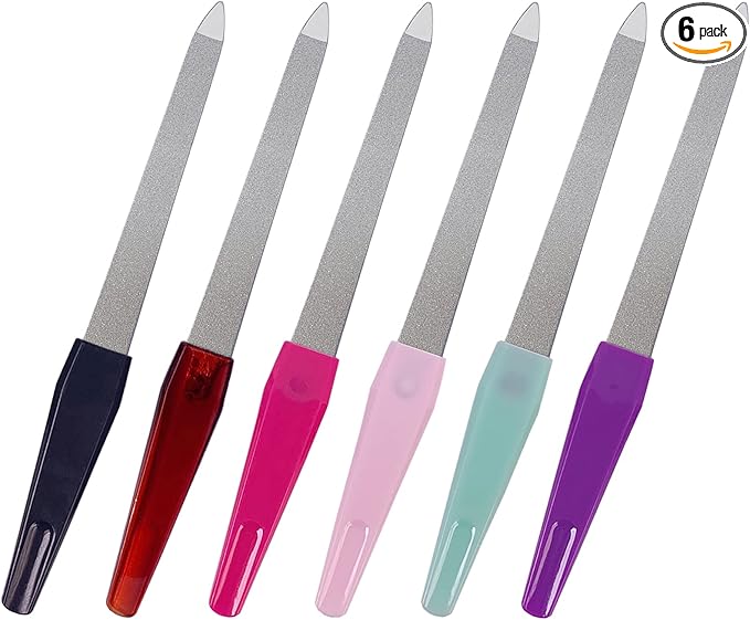 Metal Nail File (6 Pcs), Nail Files for Natural Nails Made of Stainless Steel, Sword Fingernail Files with Sharp Pointed Tip Non Slip Handle, Diamond Finger Nail Filers for Women Sapphire Grit