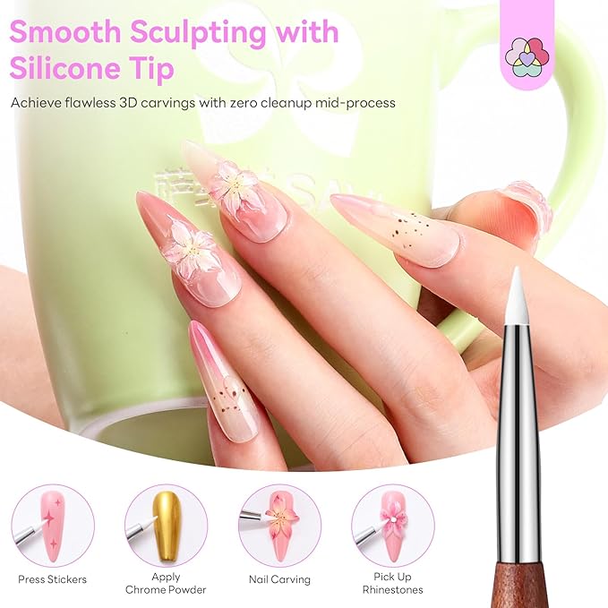 SAVILAND Nail Art Sculpture Pen: Silicone & Metal Dual Tipped Nail Brushes Silicone Nail Art Tools for Design Nail Foil Carving Drawing Shaping Effect Nail Art Pens Sandalwood Handle for Home DIY