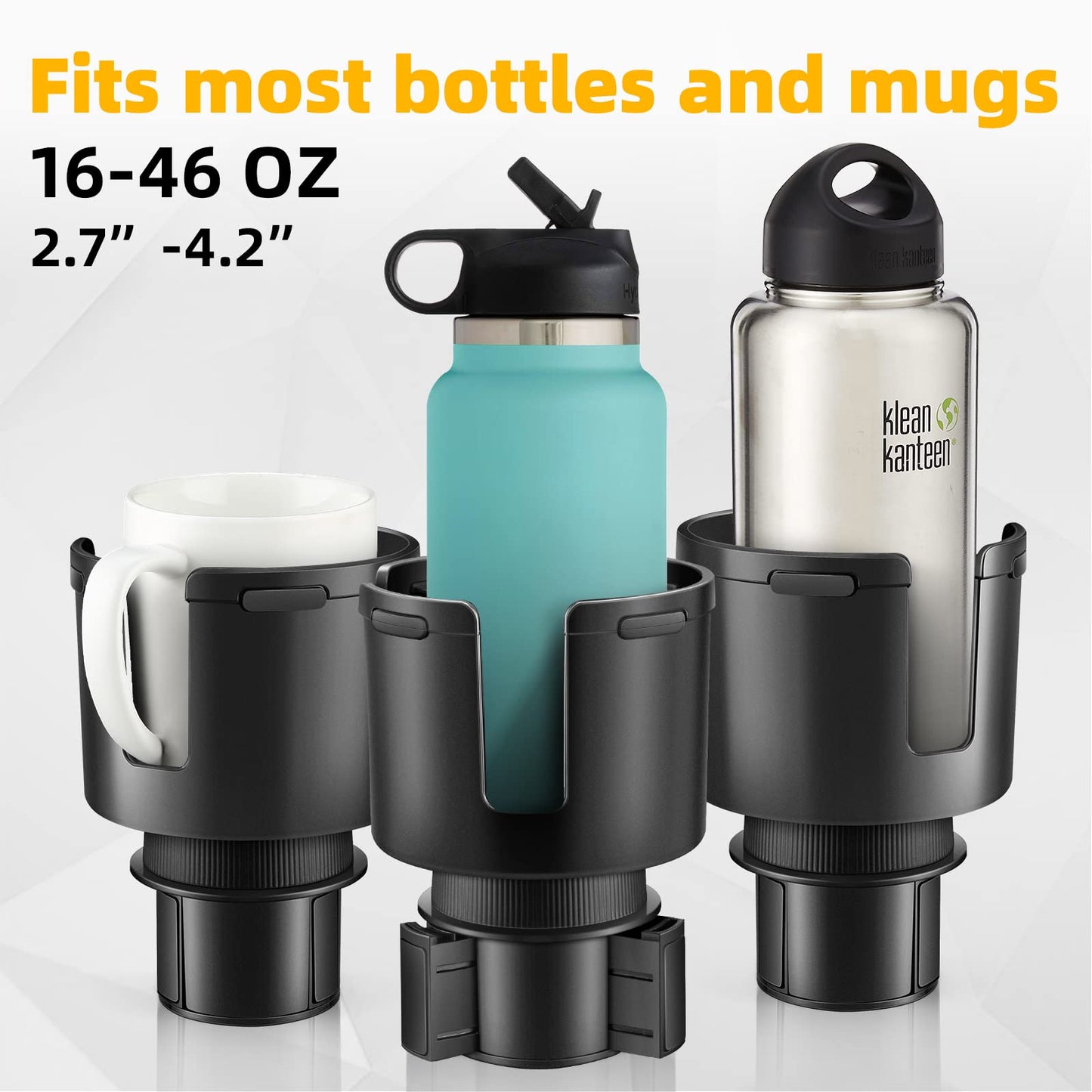 TYKOR Car Cup Holder Expander, Cup Holder Extender Adapter for Car with Adjustable Base, Fits YETI 24/36/46oz, HydroFlask 32/40oz, Large Water Bottles in 2.7"-4.2" (16-46 OZ)