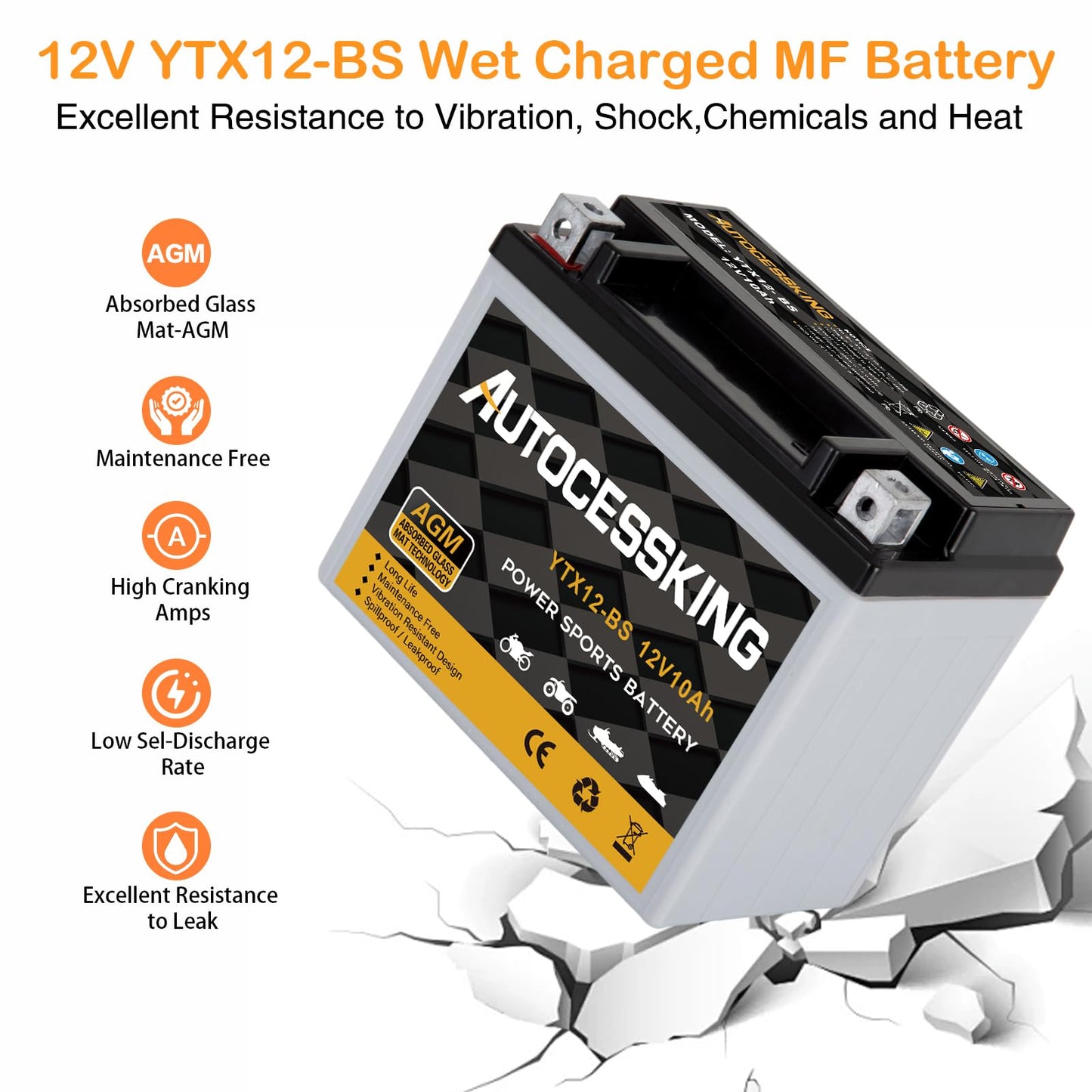 YTX12-BS Motorcycle Battery, 12V 10Ah Rechargeable Maintenance Free Sealed AGM Battery Powersport Replacement Battery for ATV and Scooter