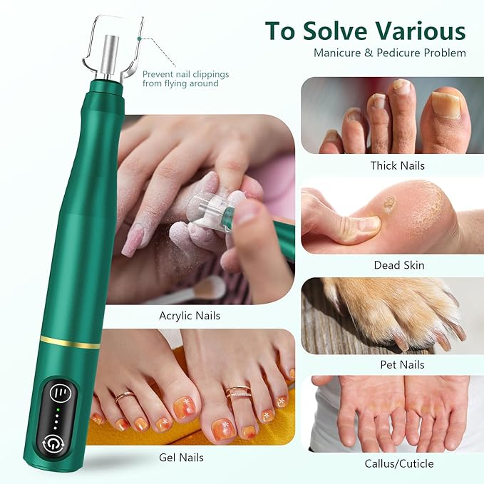 Cordless Nail Drill Electric Rechargeable File Kit, Professional Efile Acrylic Gel Nail Polish Remover Pedicure Manicure Machine Portable Set with 11 Bits 56 Sanding Bands Salon Blackish Green
