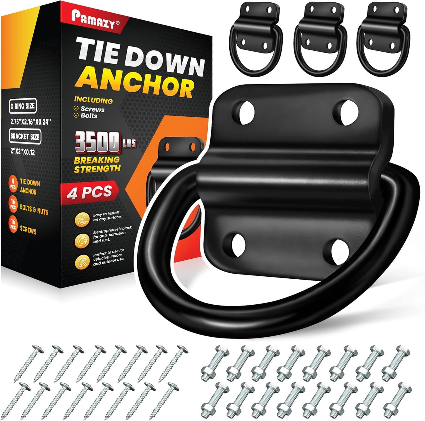 PAMAZY 4PCS Heavy Duty Steel D Rings Tie Down Anchors, Ultra Durable 3500 Pound Breaking Strength Surface Mount Hooks Securing Cargo for Trailer, Truck Bed, with Screws & Bolts