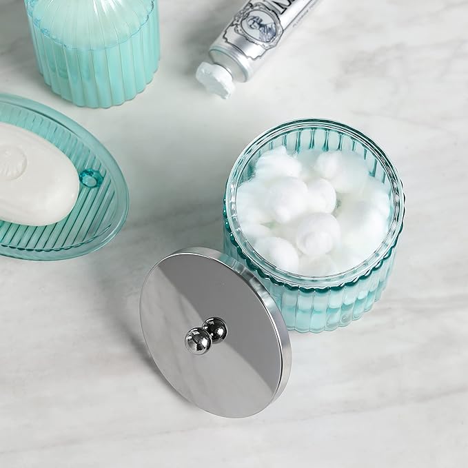KMwares 2-Pack Glass Bathroom Jars – Blue Ribbed Glass with Lids – Cotton Ball, Q-Tip, Swab, Floss Holder – Modern Organizer for Bathroom, Vanity – Decorative Countertop Storage (Turquoise Blue)
