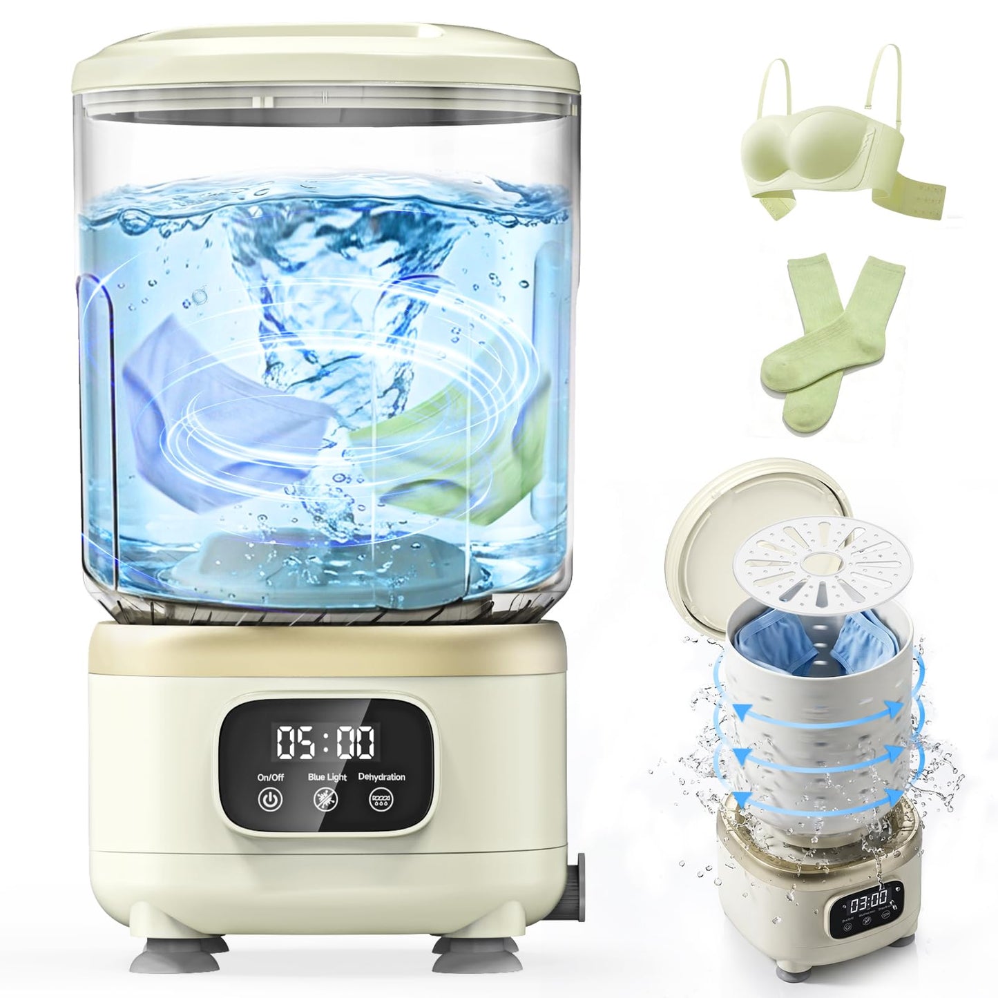 2L Mini Washing Machine, Portable Underwear Washer with 3 Modes (5-Min Wash, 5-Min Rinse, 3-Min Spin), Leakproof & Detachable Design, Drain Hose, Deep Cleaning for Underwear, Socks & Baby Items