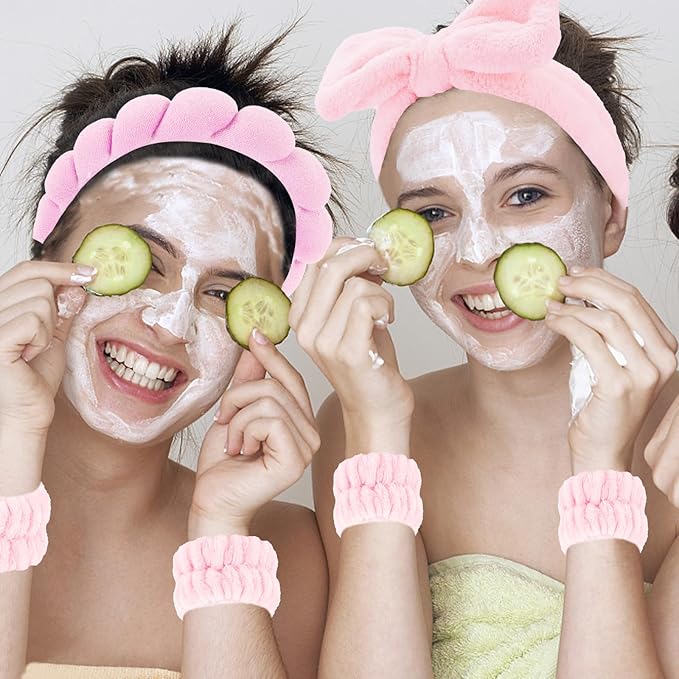 Semato Spa Headband and Wristband Set Skin Care Headband Fluffy Bow Face Wash Headband Hair Accessories Bubble Sponge Spa Headband for Women and Girls (pink)