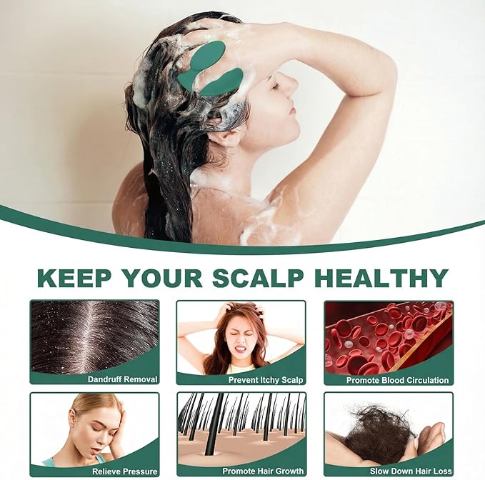 Silicone Scalp Massager Shampoo Brush, Scalp Brush for Hair Growth & Dandruff Removal, Hair Scrubber Scalp Stimulator Exfoliator Brush with Soft Bristles for Wet Dry Scalp Care (Dark Green)