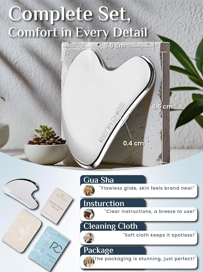 Rena Chris Gua Sha Facial Tools, Stainless Steel Guasha Tool for Acupuncture, Manual Massage Tool for Jawline Sculpting and Puffiness Reducing, Gua Sha Facial Massage Tool, Skin-Care Gift (Silver)