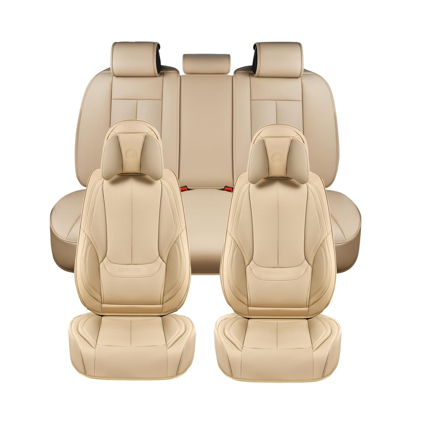 Coverado Universal Seat Covers Full Set, 5 Seats Universal Seat Covers for Cars, Waterproof NAPPA Leather Car Seat Covers with Head Pillow, Seat Protectors Fit for Most Sedans SUV Pick-up Truck, Beige