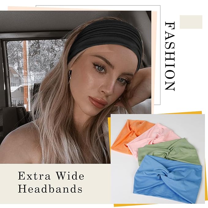 Tobeffect Wide Headbands for Women, 7'' Extra Large Turban Headband Boho Cloth Hairband Colorful Hair Twisted Knot Accessories, 6 Pack