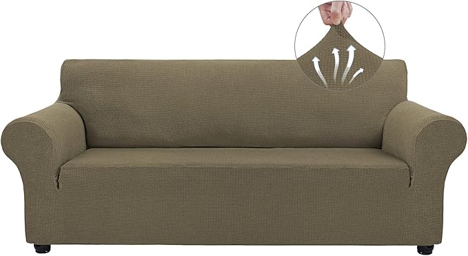 Asnomy Couch Covers for 3 Cushion Couch Stretch Sofa Covers Slipcovers, Pet Protector Furniture Covers for Dogs Cats Spandex Jacquard Fabric Small Checks（X-Large，Khaki）