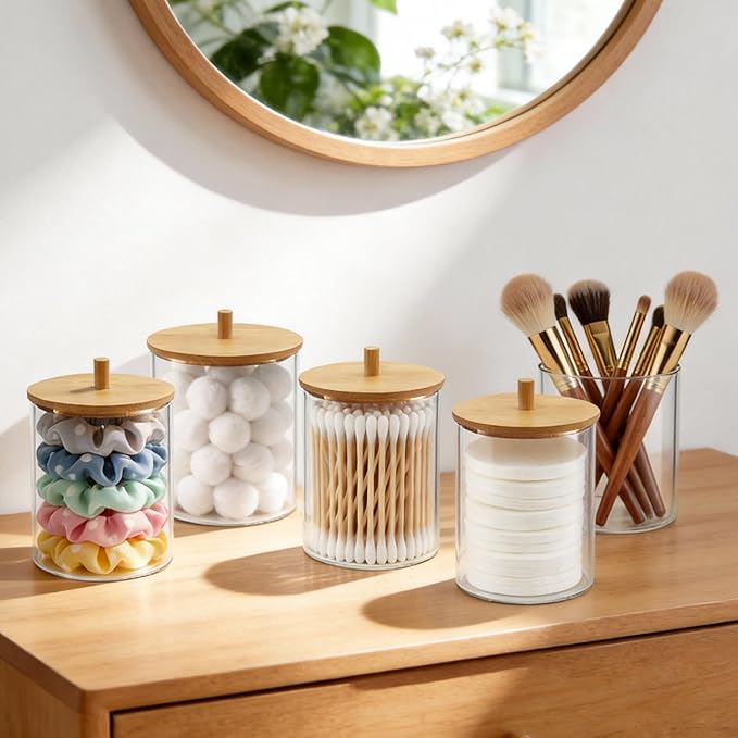 Glass Qtip Holder Dispenser Set - 10oz Cotton Swab Holder with Bamboo Lids, Bathroom Canisters Apothecary Jar Vanity Storage Organizer for Cotton Balls Pads, Floss Picks (4 Pack)