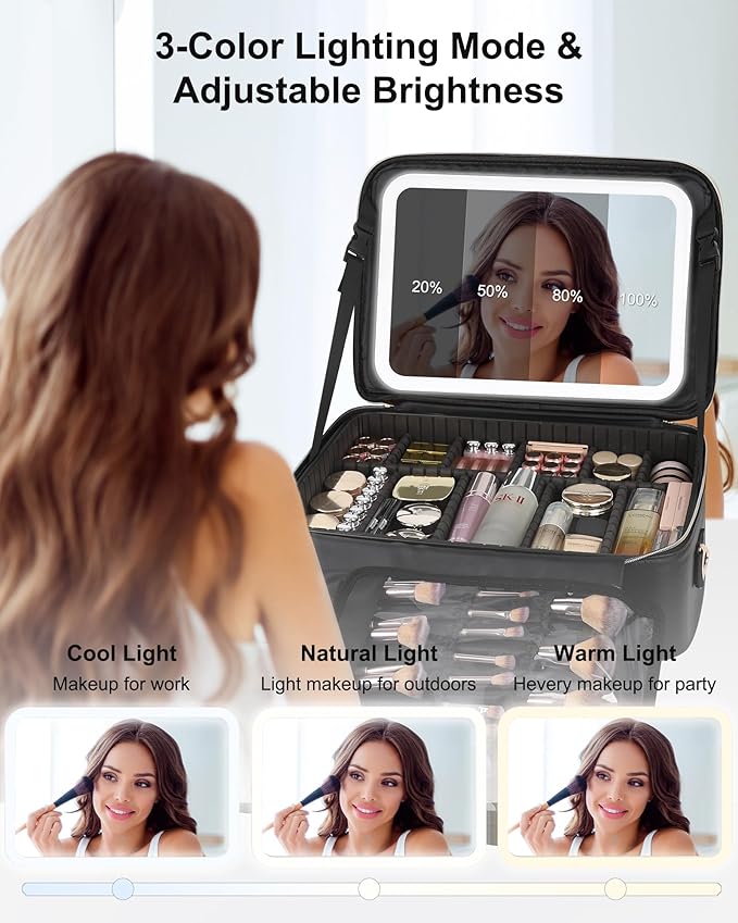 Relavel Large Makeup Case With LED Mirror, 16.2" Cosmetic Vanity Case with 3 Lignting Modes and Adjustable Brigntness, Professional Travel Make Up Organizer for Makeup Artist with Strap, Black