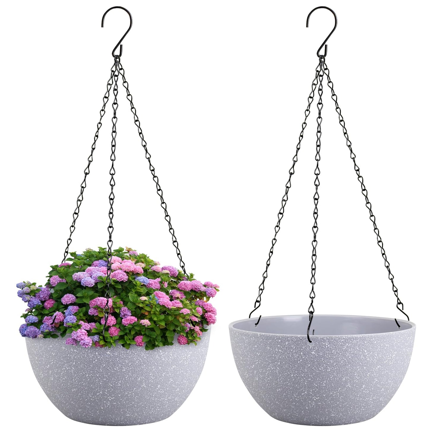 Meowell 10 inch Hanging Planters for Indoor Outdoor Plants, 2 Pack Hanging Flower Pots with Drainage Holes and Chain for Garden Porch, Plastic Hanging Baskets for House Plants, Speckled Grey