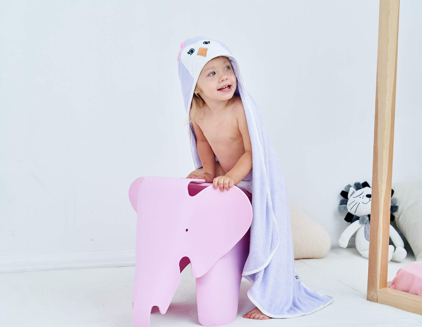 HIPHOP PANDA Hooded Towel - Rayon Made from Bamboo, Bath Towel with Bear Ears for Newborn, Babie, Toddler, Infant - Absorbent Large Baby Towel - Purple Penguin, 30 x 30 Inch