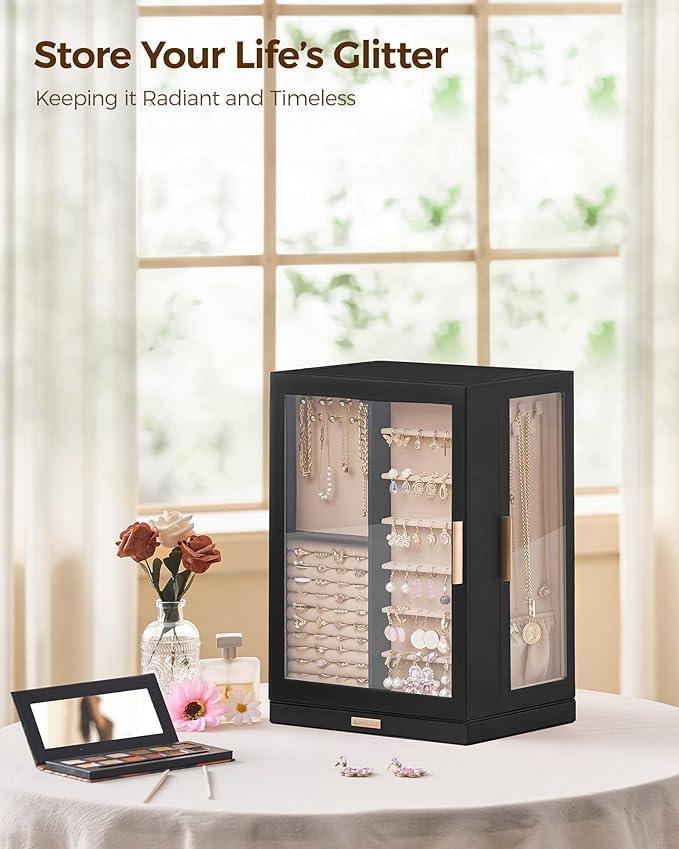 Glimmloop 360ÃÂ° Rotating Jewelry Box with 9 Drawers, Spacious Vertical Jewelry Organizer with Glass Window, Jewelry Storage Case, Dustproof & Moisture-resistant Design, Black
