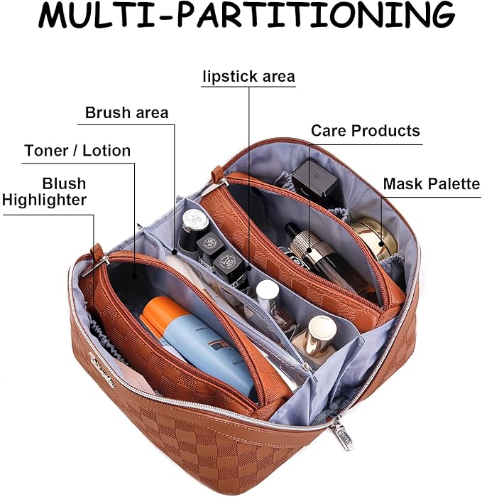 BOYATU Travel Makeup Bag Organizer Cosmetic Bag: 3 Pcs Set Make up Bags for Women with Handle - Waterproof Vegan Leather Toiletry Bags Travel Essentials Pouch with Compartments (03-A-Brown)