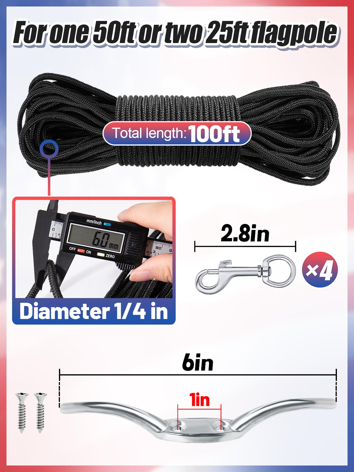 Flag Rope and Clips Kit - 100ft Flag Pole Rope Halyard with Cleat Hook & 4 Pcs Swivel Snap Clips for Flagpoles Up to 50ft, Outdoor Porch Flagpoles Repair Replacement Parts Accessories