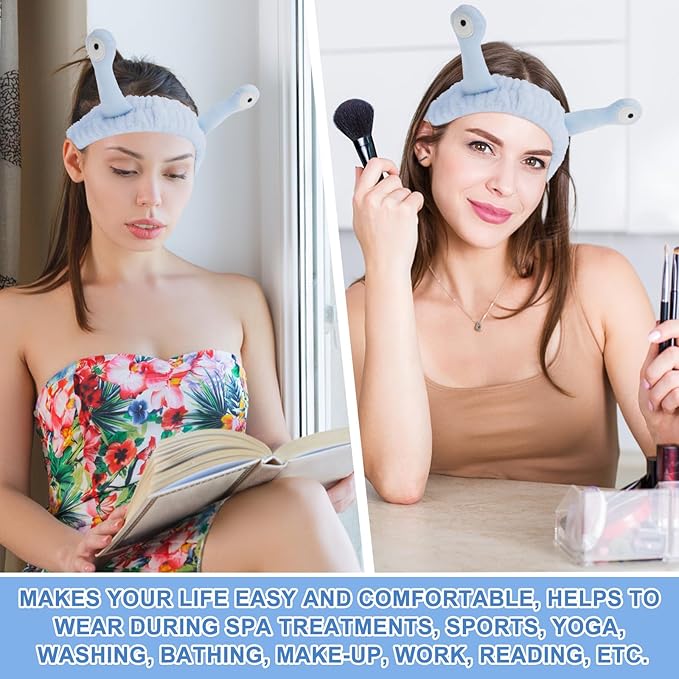 Face Wash Headband, Palm and Snail Spa Hair Bands Makeup Headbands Women Cartoon Cute Coral Fleece Elastic Headband Creative Hair Accessories for Washing Face Shower Sports (Blue)