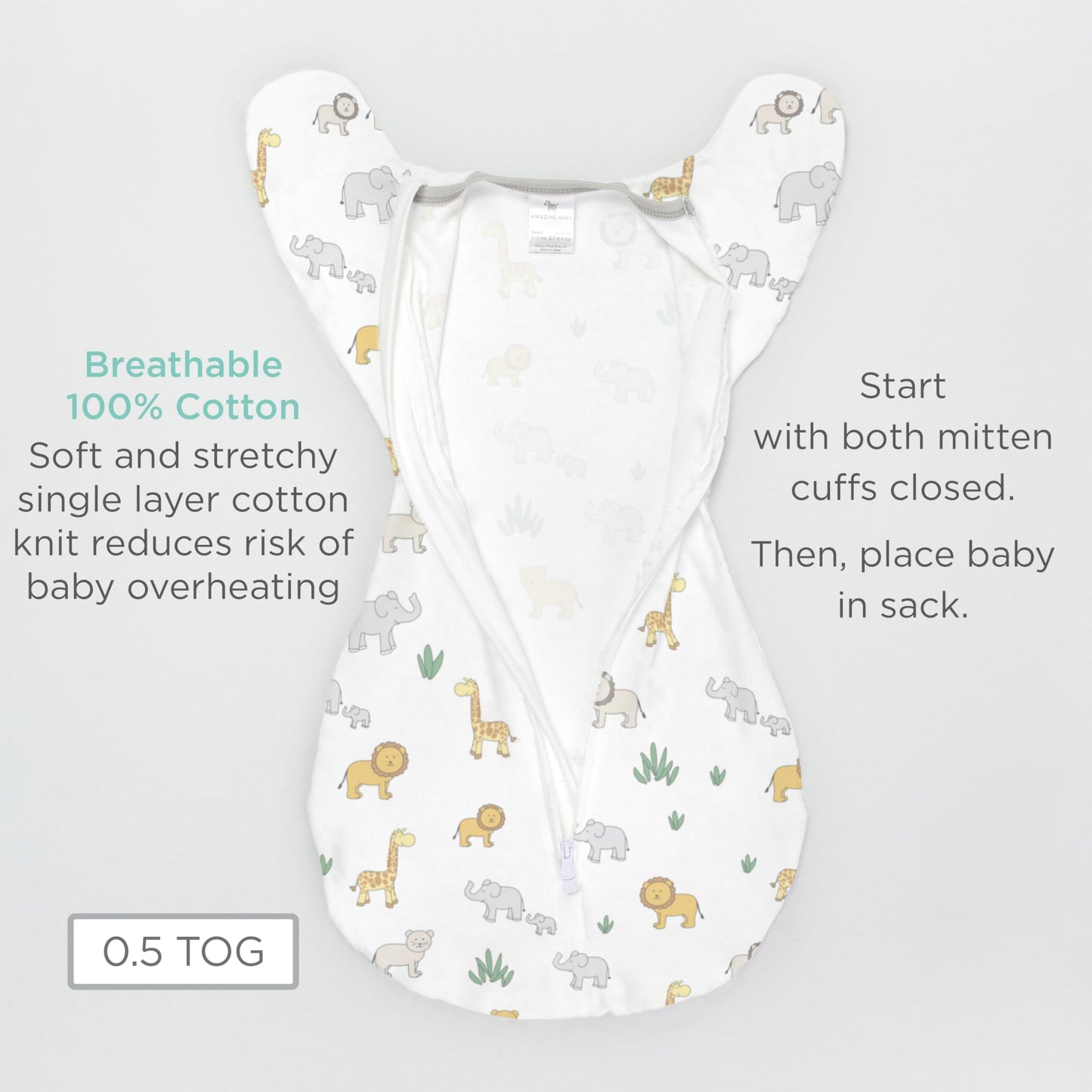 Amazing Baby Transitional Swaddle Sack, Arms Up Half-Length Sleeves & Mitten Cuffs, Swaddle for Newborn Transition to Baby Sleep Sack Wearable Blanket, Medium, 3-6 Month, 14-21 lb, On Safari