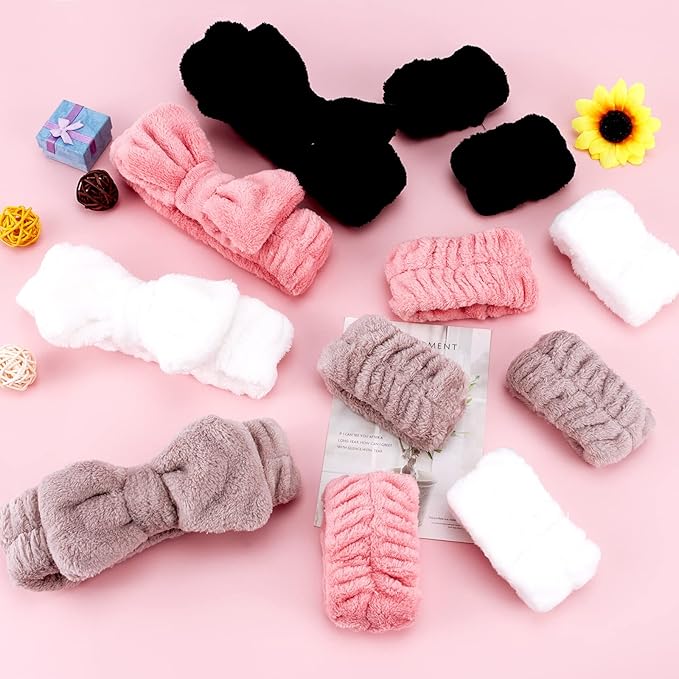 12PCS Spa Headband and Wrist Towels for Face Washing Set, Cute Soft Microfiber Makeup Headband for Women Girls, Highly Absorbent Wristband for Washing Face, Shower Skincare