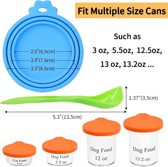 Lydia’s Deal Pet Food Can Covers 2-Pack, Universal Silicone Can Lids for Dog & Cat Food, Fits 3oz/5.5oz/12oz Cans, Airtight & BPA-Free, Dishwasher-Safe, Includes Green Spoon (Blue + Orange)