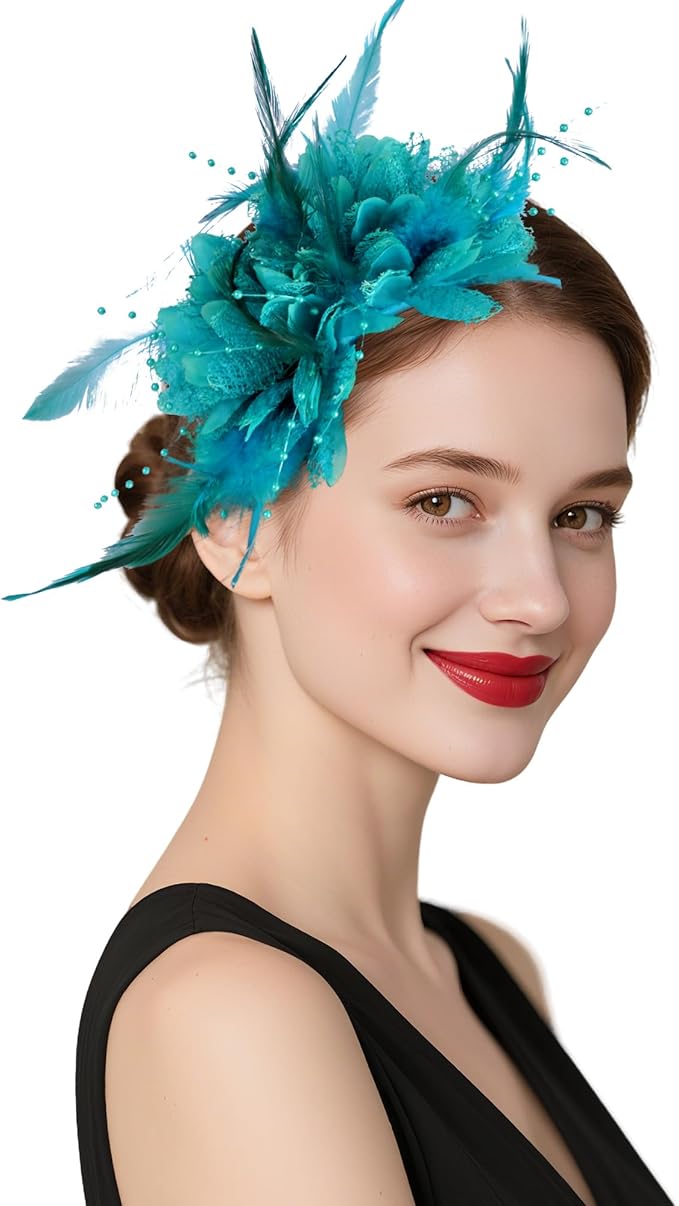 Womens Fascinators Hats Tea Party Hats for Women, Feather Pearl Veil Headband for Wedding Cocktail Dresses Accessories