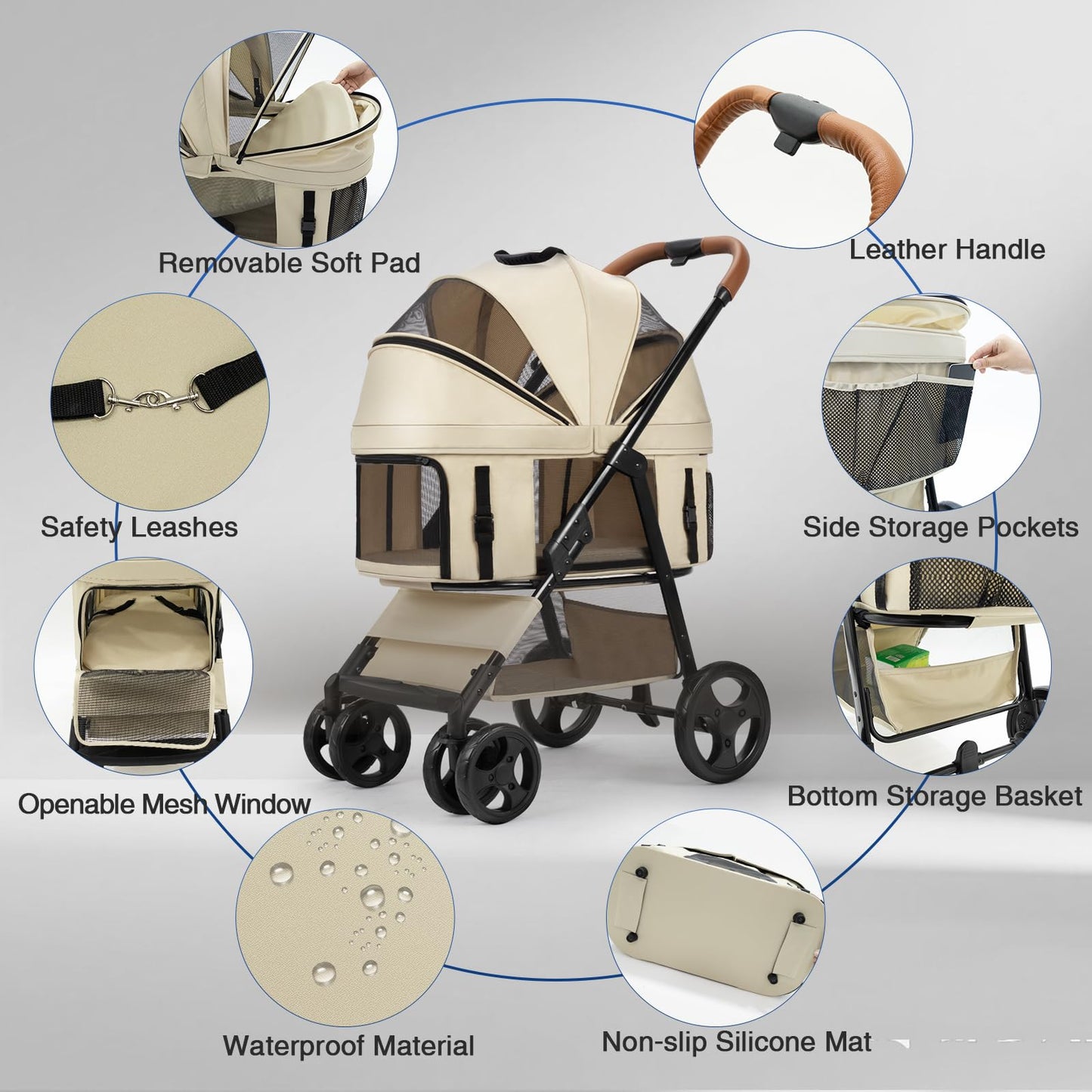 4 Wheels Pet Stroller for Small/Medium Dogs and Cats,Dog Stroller with Detachable Carrier and Storage Basket,One Click Folding,Compact Portable,Up to 50lbs,3 in1 Multifunctional(Grey)